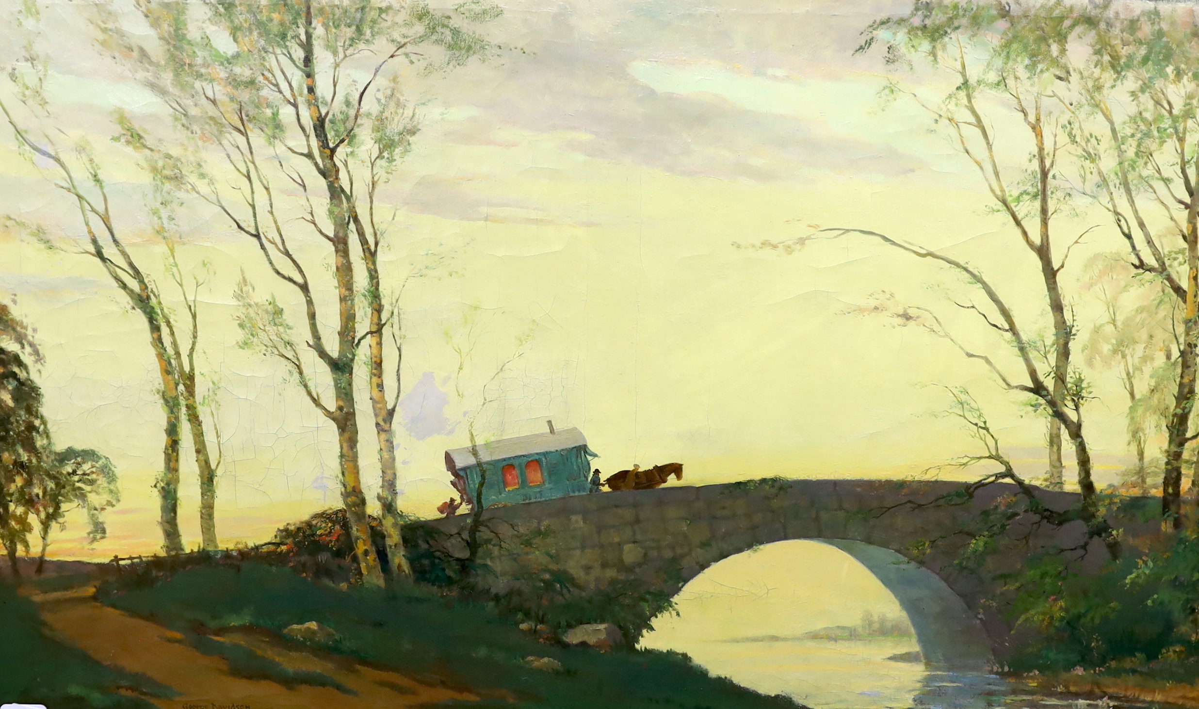 George Davidson (Polish/American, 1889-1965) naive oil on canvas, Gypsy wagon and figures crossing a bridge, signed, 74 x 124cm